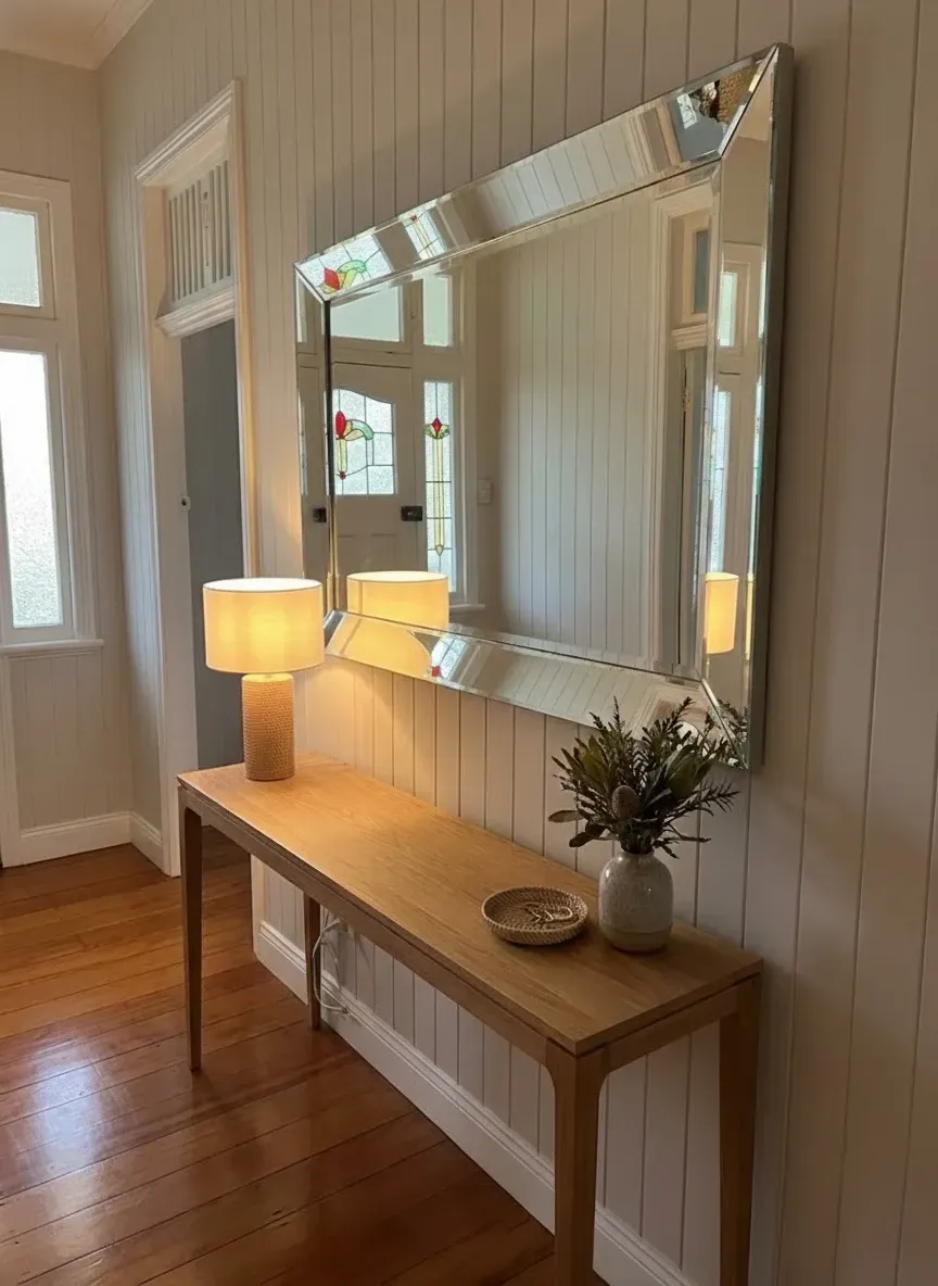Bevelled edge mirror detail with light-catching finish in Hamilton home