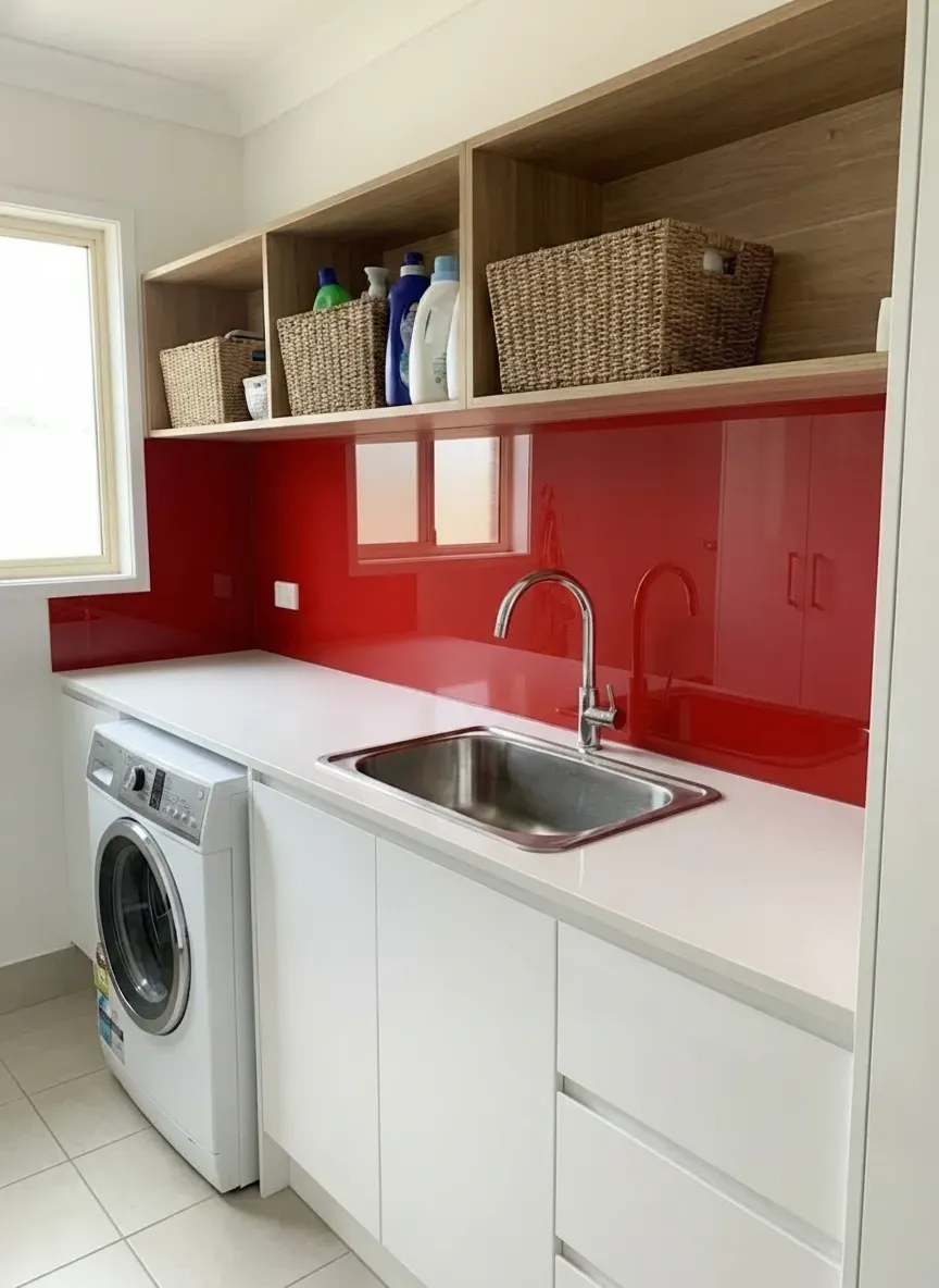 Laundry glass splashback Hamilton with durable grout-free surface and easy clean finish