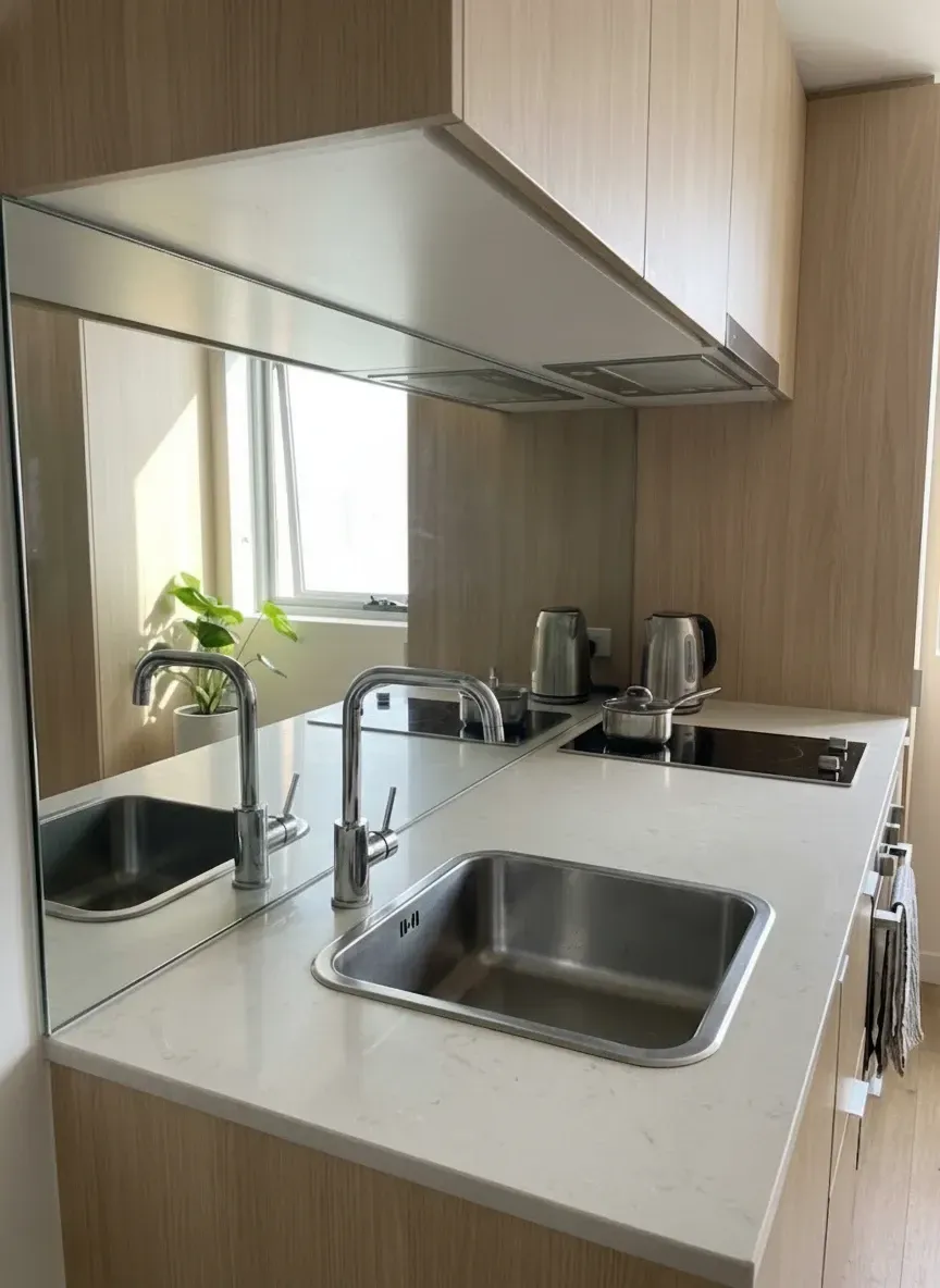 Mirror finish glass splashback Hamilton reflecting light in compact modern kitchen