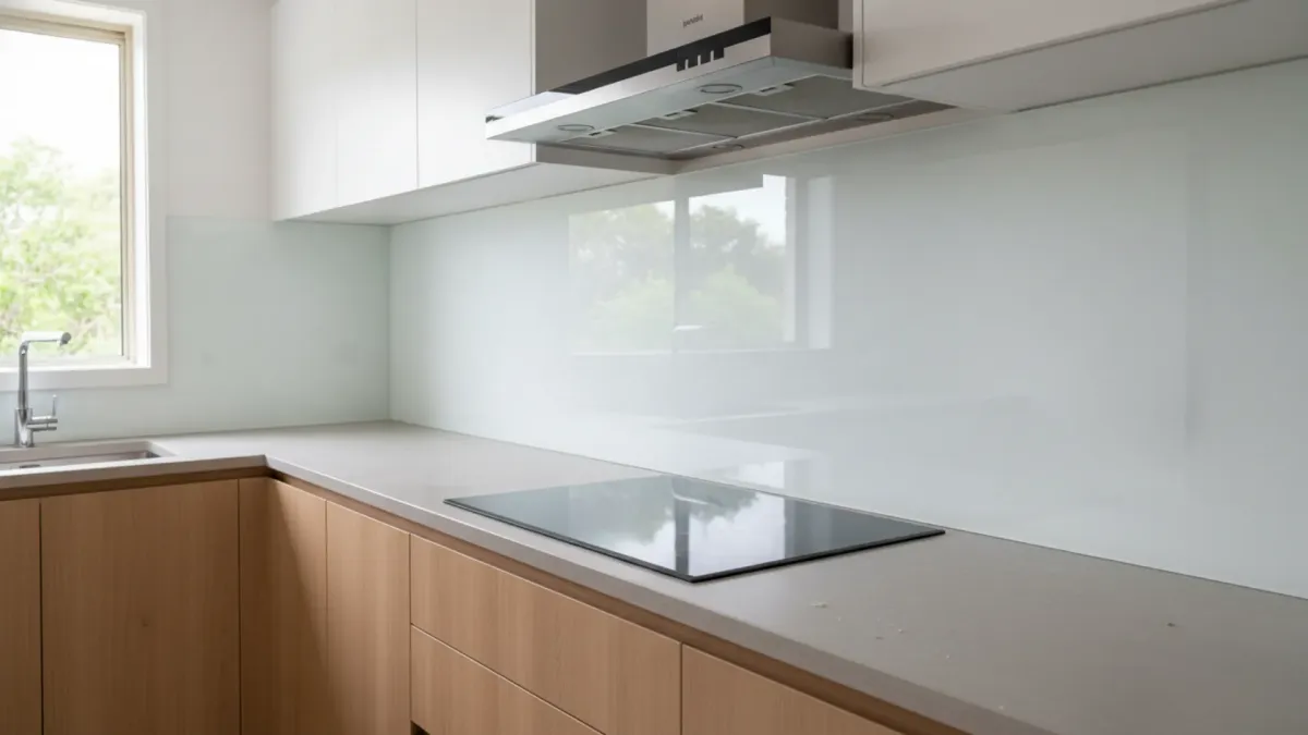 Toughened glass splashback cut to size in Hamilton with precise power point cut-outs