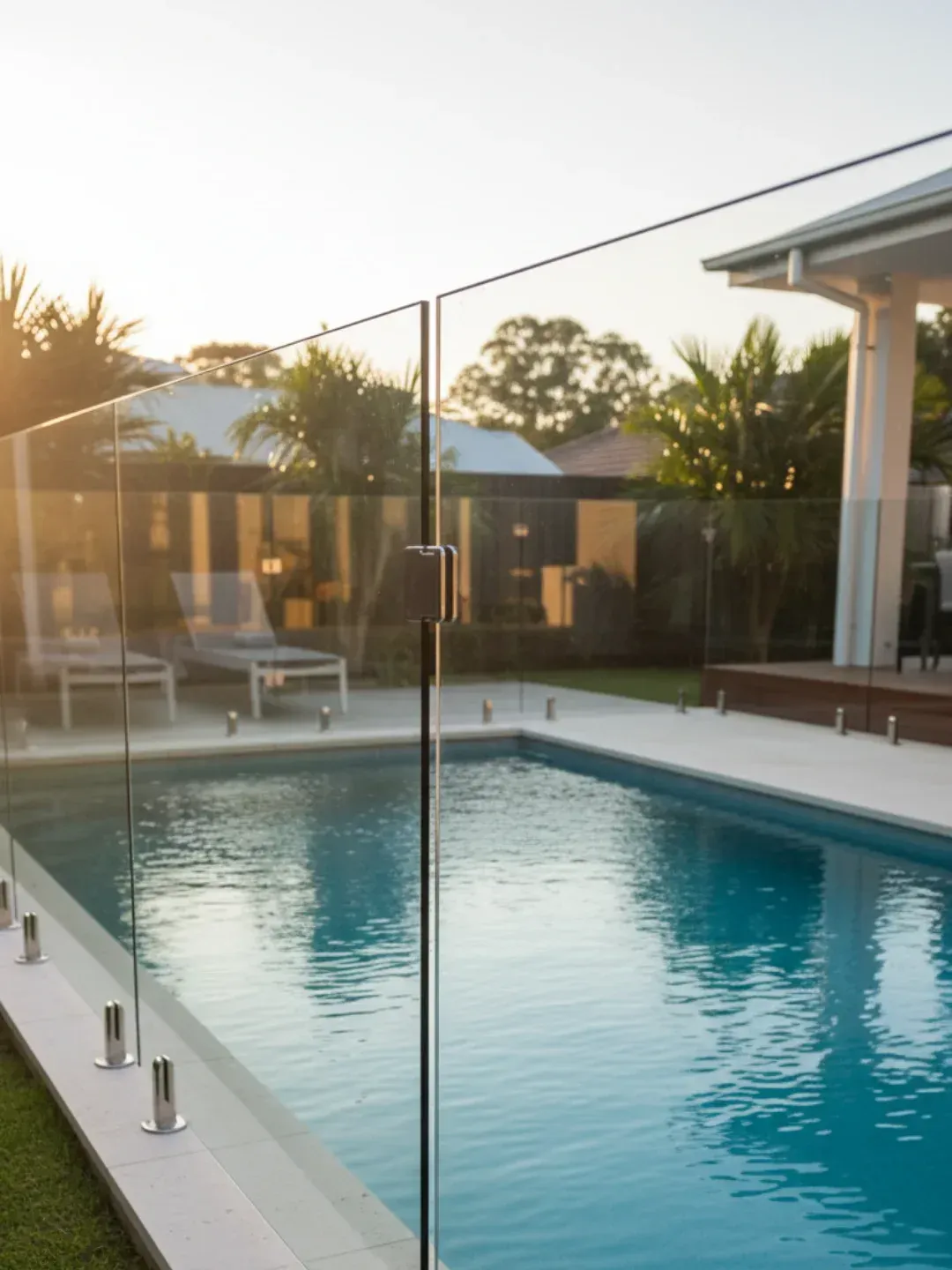 Frameless glass pool fencing Hamilton with 12mm toughened panels and stainless spigot fixing system