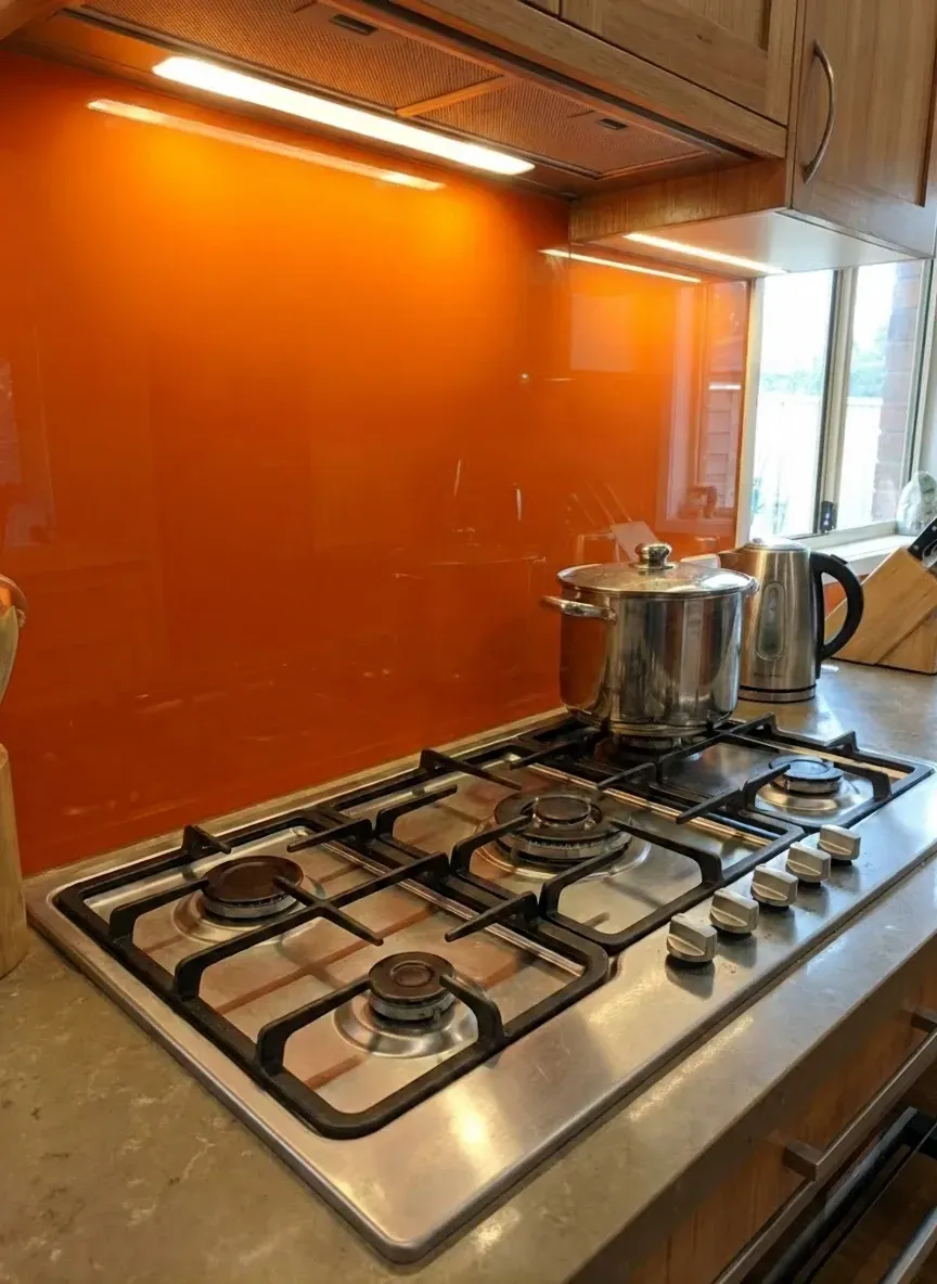 Low-iron coloured glass splashback Hamilton with true paint colour and high gloss finish